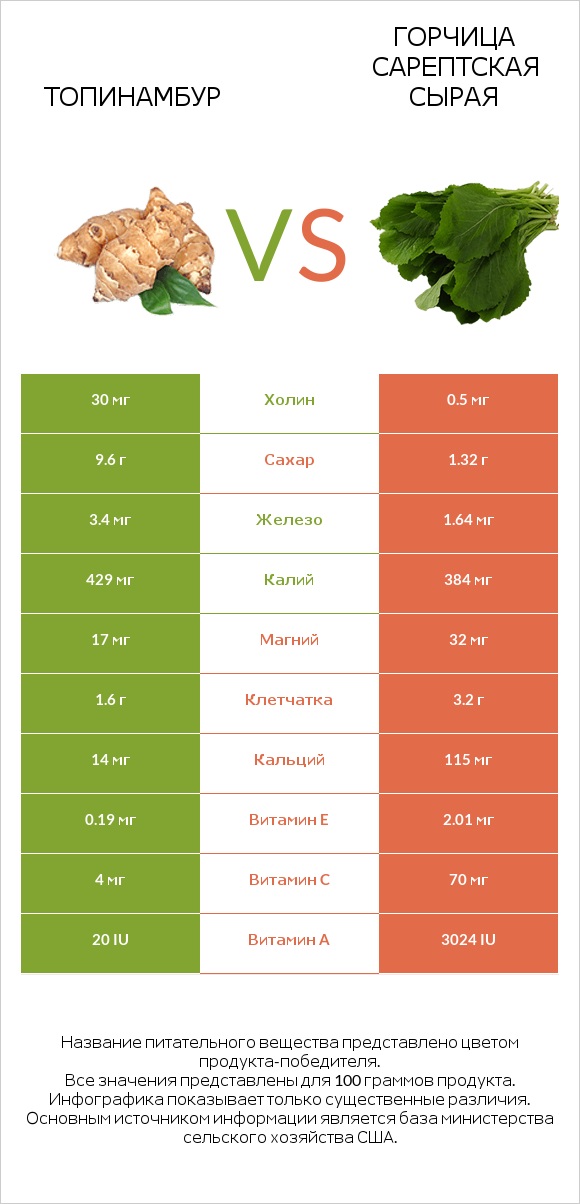 Топинамбур vs Горчица сарептская сырая infographic