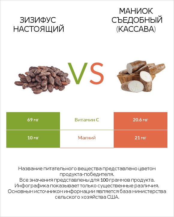 Зизифус настоящий vs Маниок съедобный (кассава) infographic