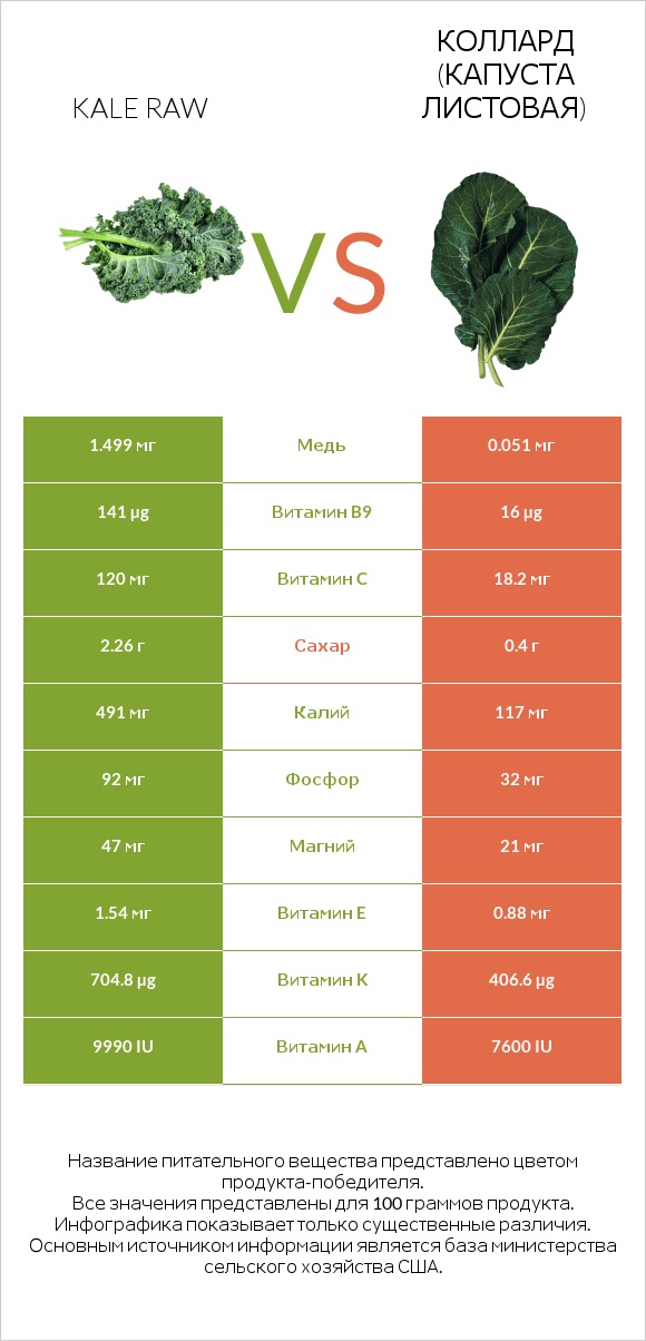 Kale raw vs Коллард (капуста листовая) infographic