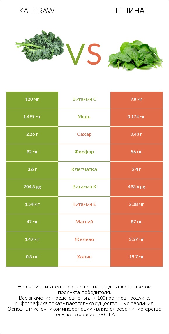 Kale raw vs Шпинат infographic