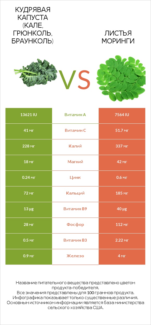 Кудрявая капуста (кале, грюнколь, браунколь) vs Листья моринги infographic