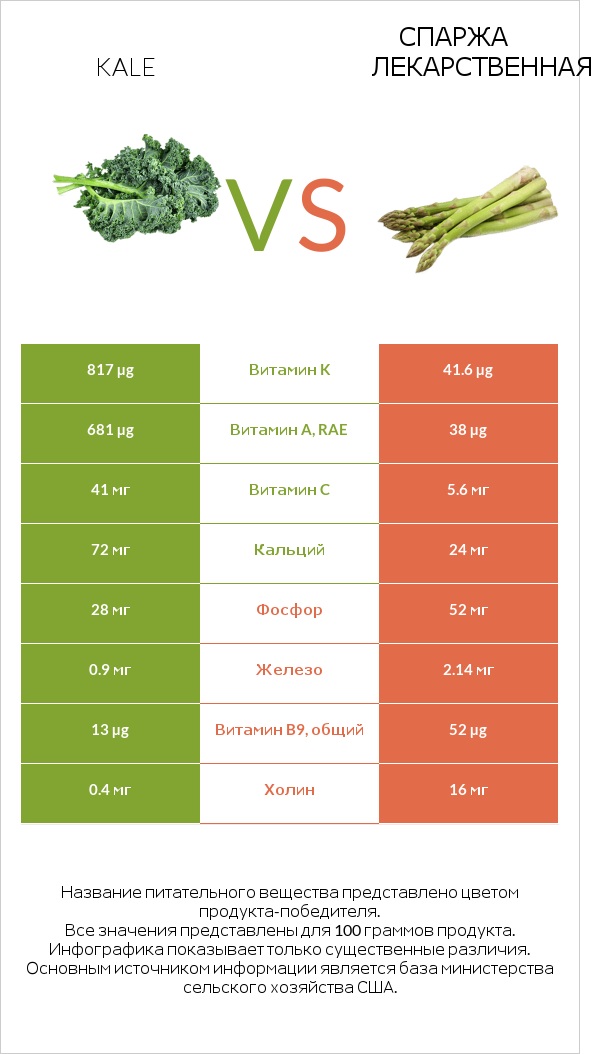 Kale vs Спаржа лекарственная infographic