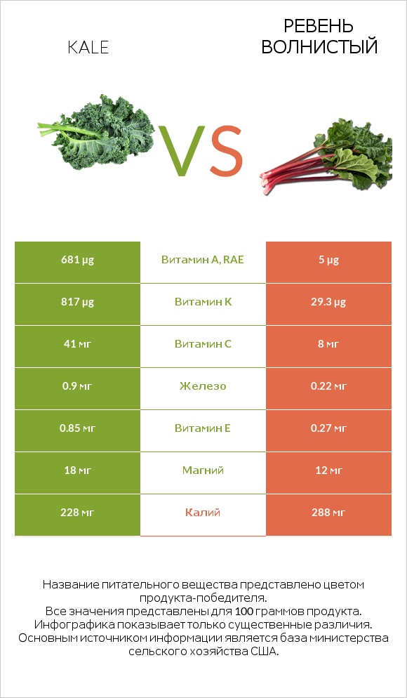 Кудрявая капуста (кале, грюнколь, браунколь) vs Ревень волнистый infographic