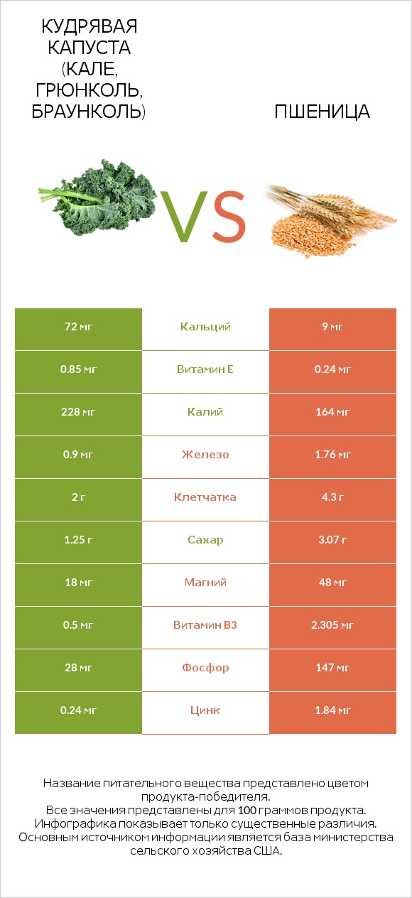 Кудрявая капуста (кале, грюнколь, браунколь) vs Пшеница infographic