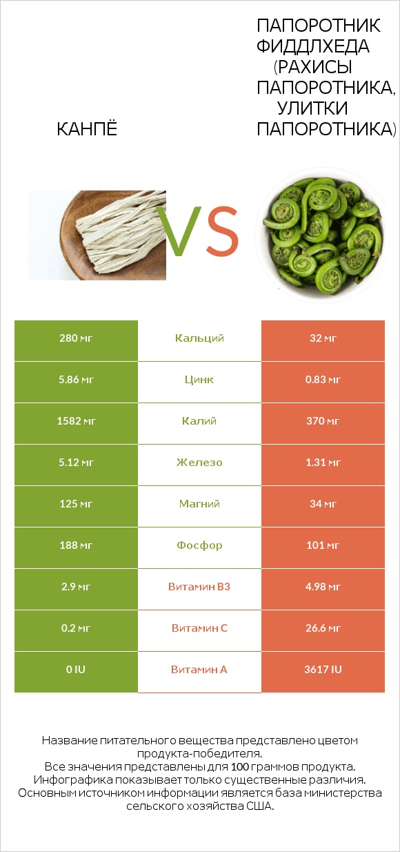 Kanpyo vs Fiddlehead ferns infographic