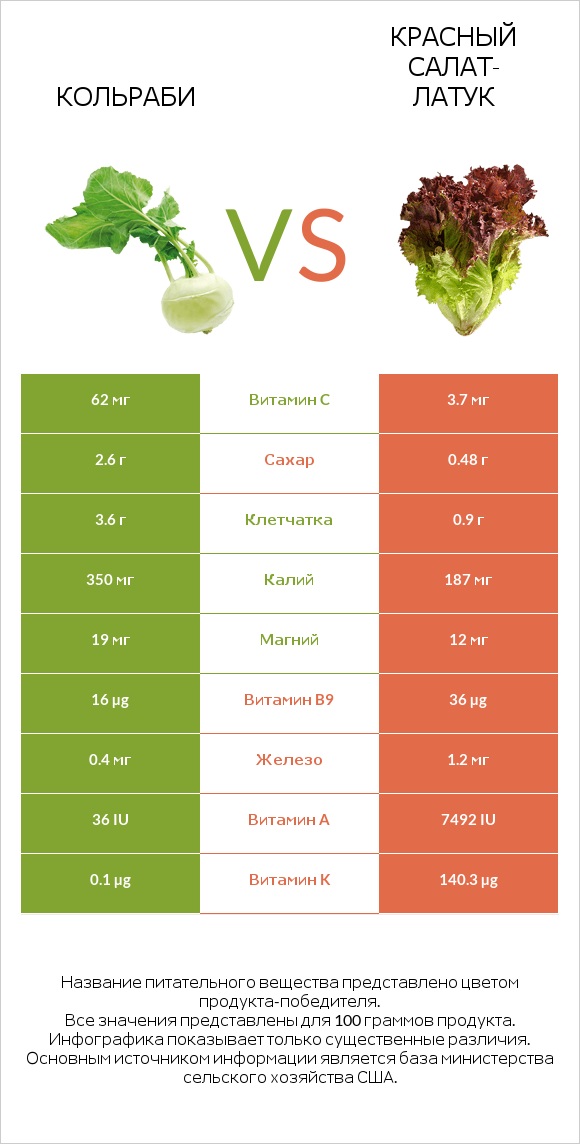 Кольраби vs Red leaf lettuce infographic