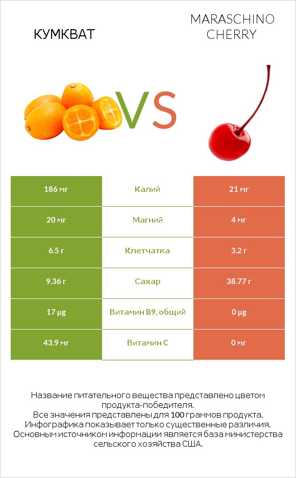 Кумкват vs Maraschino cherry infographic