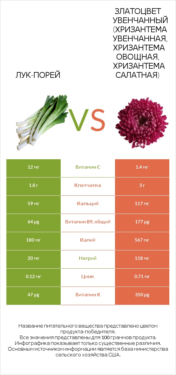 Лук-порей vs Златоцвет увенчанный (хризантема увенчанная, хризантема овощная, хризантема салатная) infographic