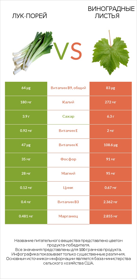 Лук-порей vs Виноградные листья infographic