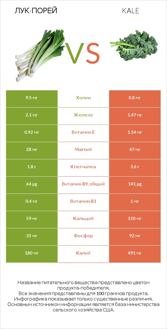 Лук-порей vs Кудрявая капуста (кале, грюнколь, браунколь) infographic