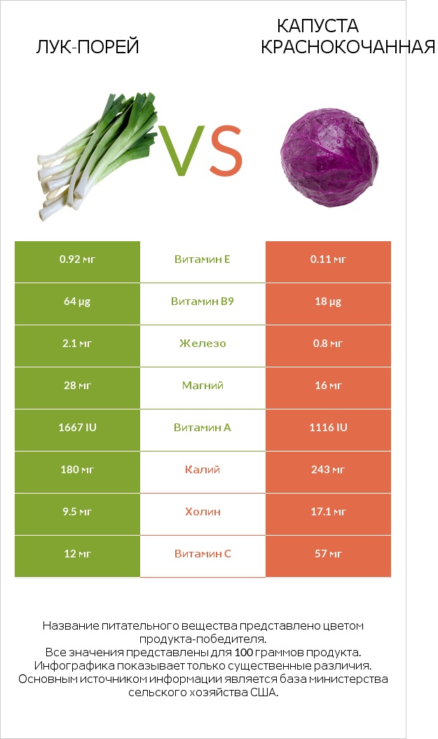Лук-порей vs Капуста краснокочанная infographic