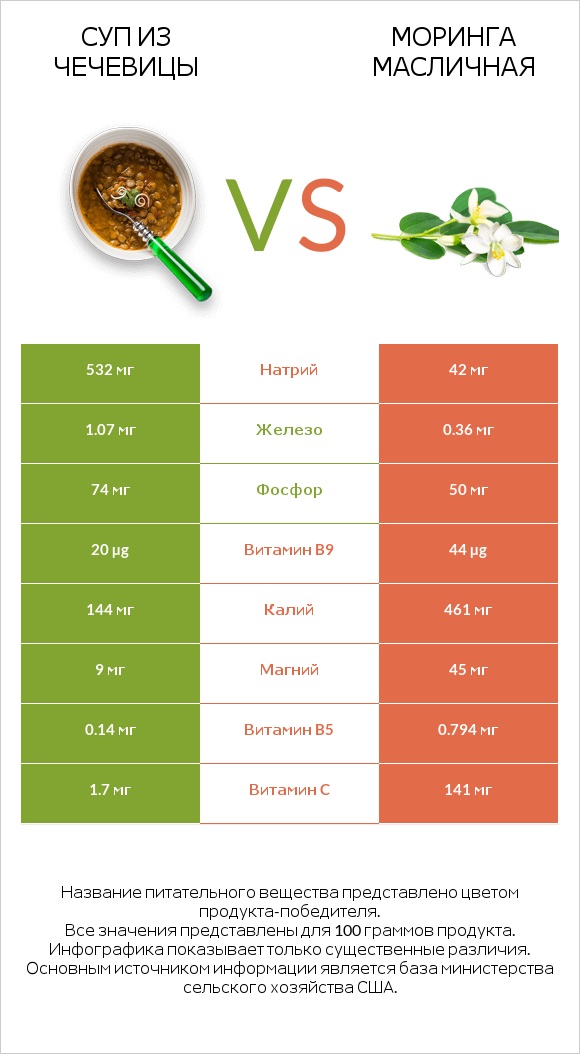 Суп из чечевицы vs Моринга масличная infographic