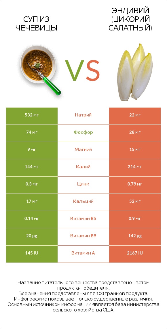 Суп из чечевицы vs Эндивий (Цикорий салатный)  infographic