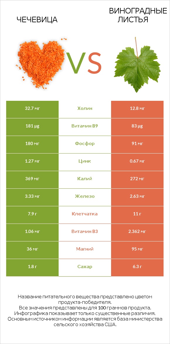 Чечевица vs Виноградные листья infographic