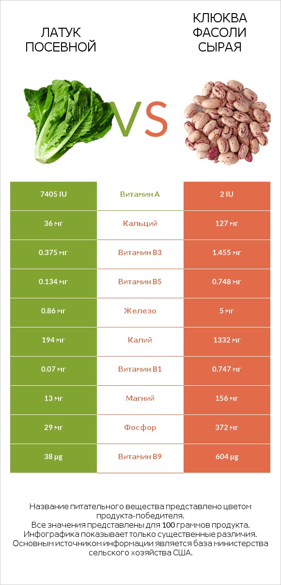 Латук посевной vs Клюква фасоли сырая infographic
