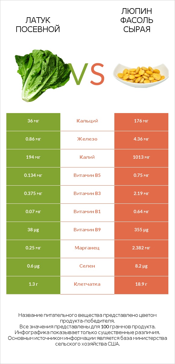 Латук посевной vs Люпин Фасоль сырая infographic