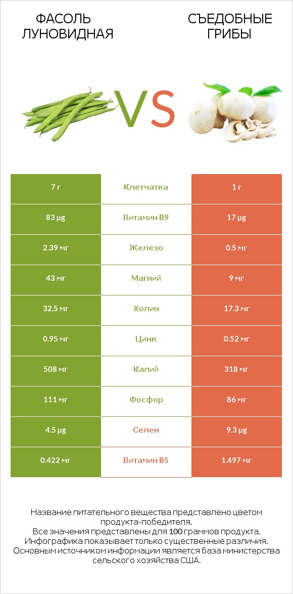 Фасоль луновидная vs Съедобные грибы infographic