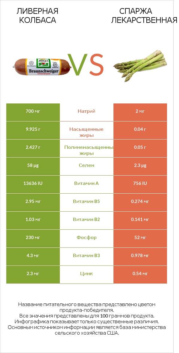 Ливерная колбаса vs Спаржа лекарственная infographic