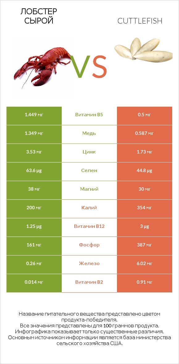 Лобстер сырой vs Cuttlefish infographic