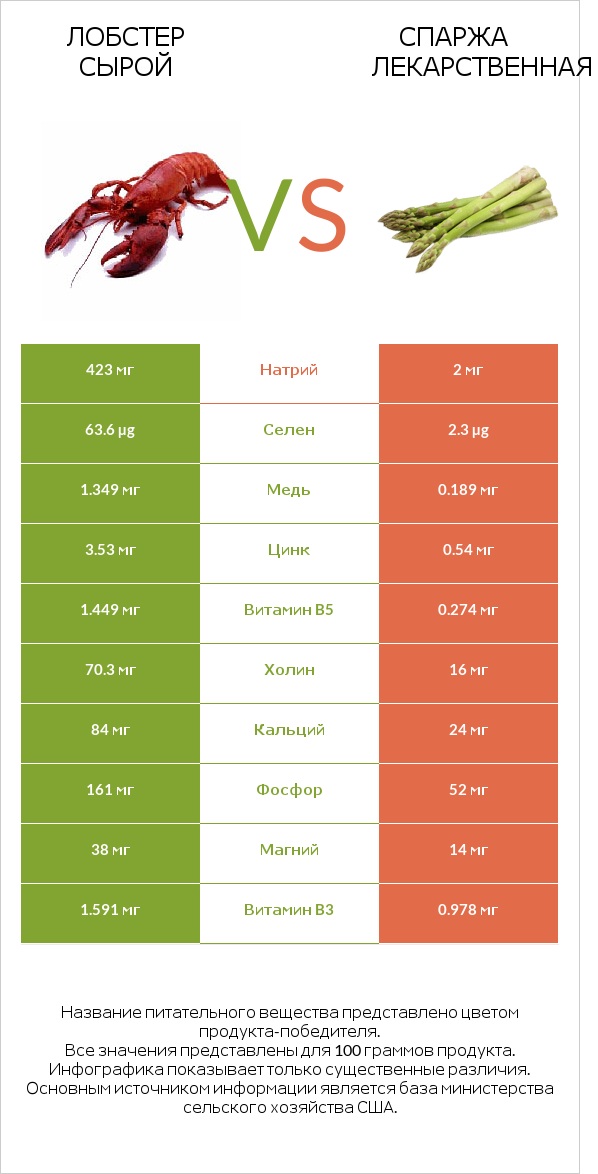 Лобстер сырой vs Спаржа лекарственная infographic