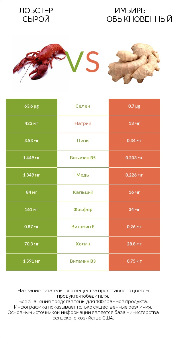 Лобстер сырой vs Имбирь обыкновенный infographic