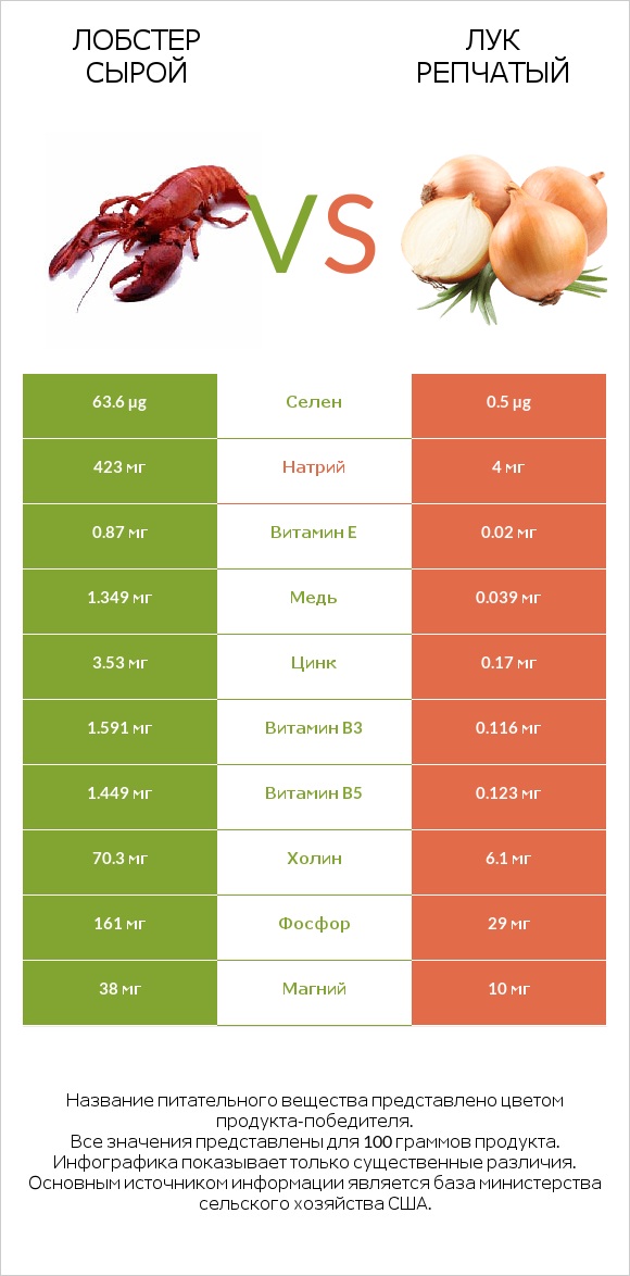Лобстер сырой vs Лук репчатый infographic