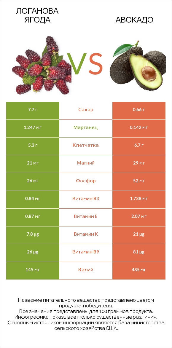 Логанова ягода vs Авокадо infographic