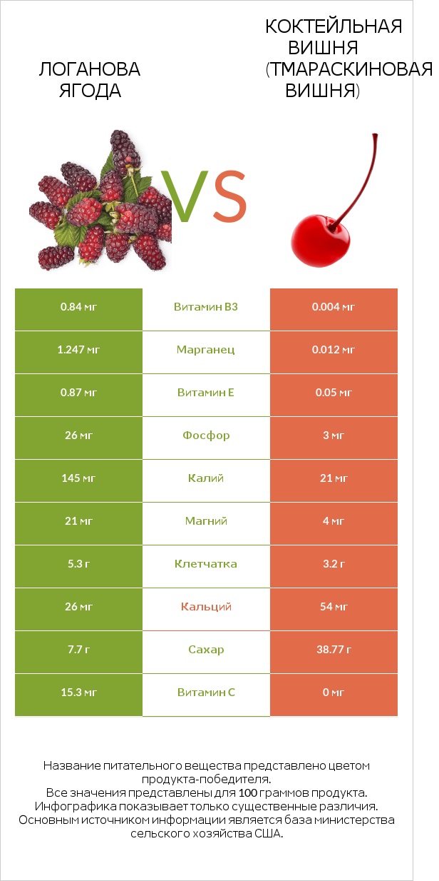 Логанова ягода vs Коктейльная вишня (тмараскиновая вишня) infographic