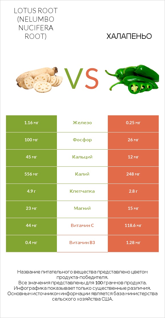 Lotus root vs Халапеньо infographic