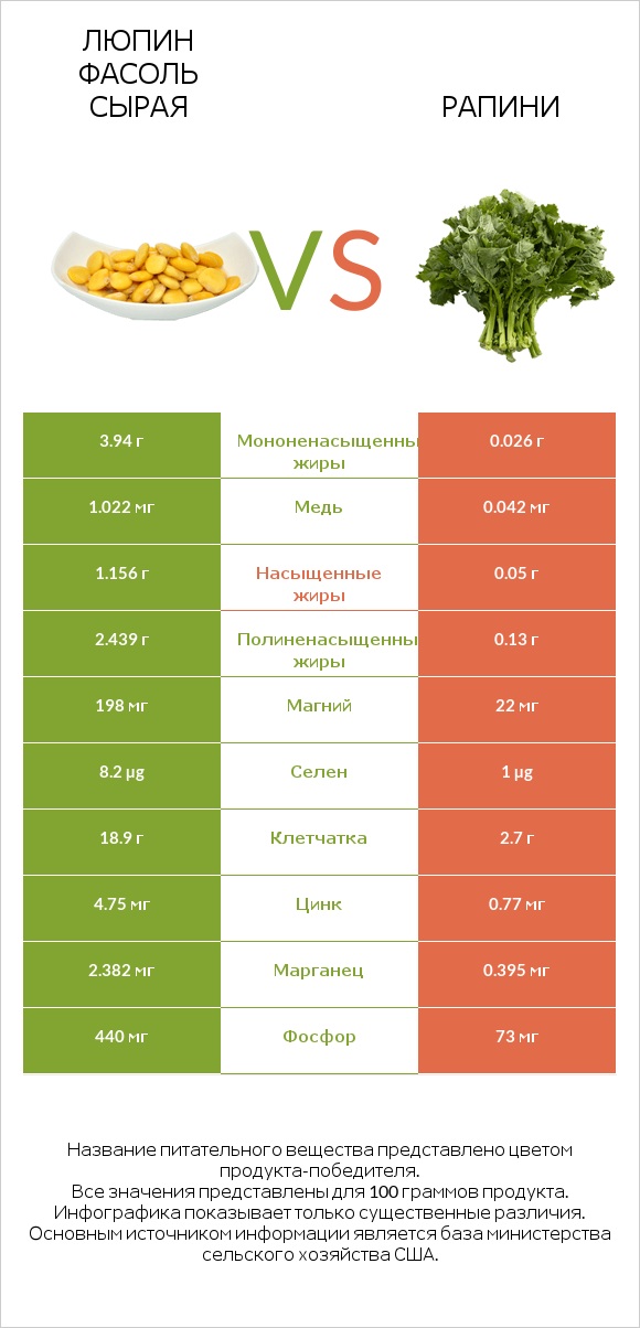 Люпин Фасоль сырая vs Рапини infographic