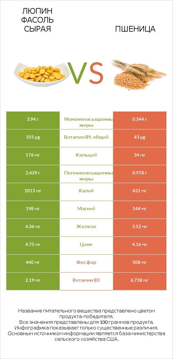 Люпин Фасоль сырая vs Пшеница infographic