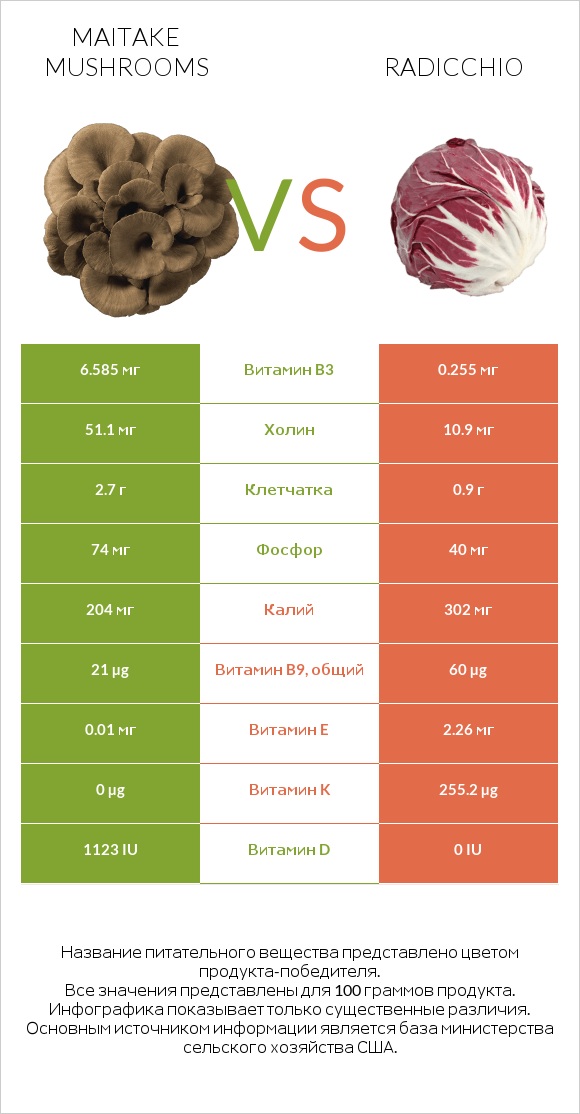 Maitake mushrooms vs Radicchio infographic
