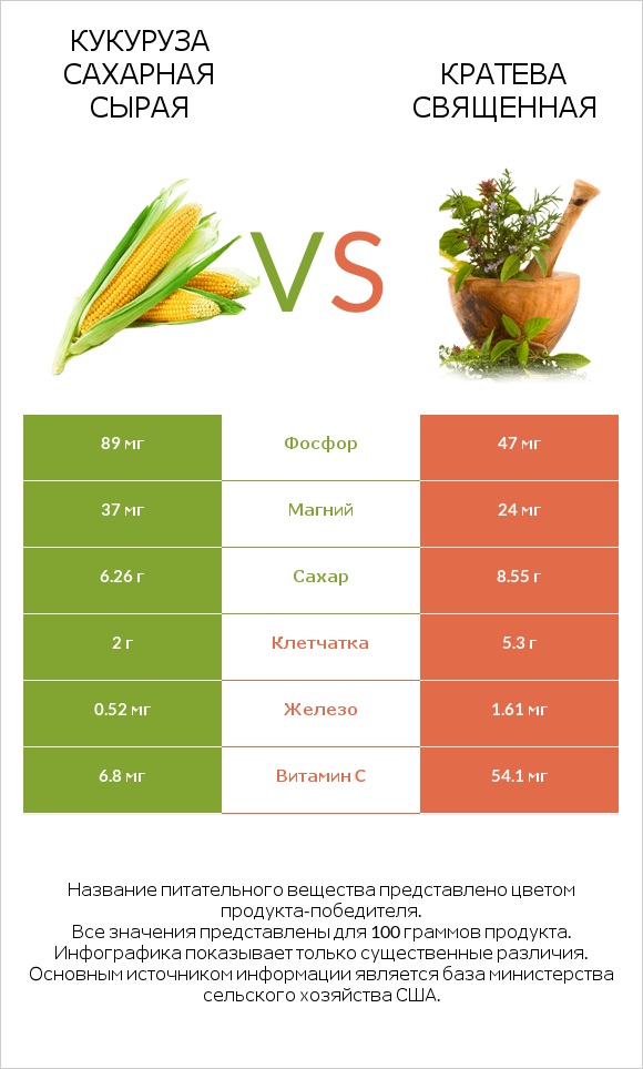 Кукуруза сахарная сырая vs Кратева священная infographic