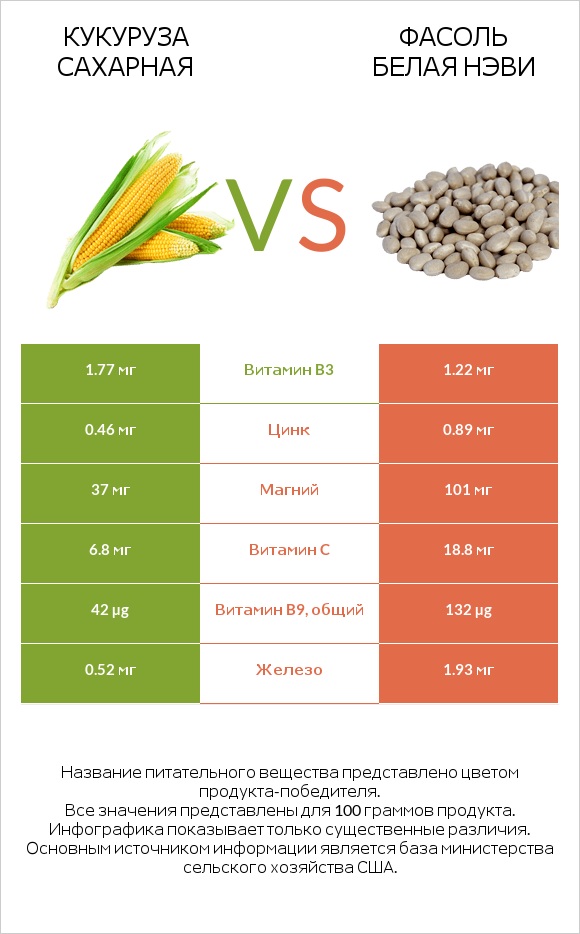Кукуруза сахарная vs Фасоль белая нэви infographic