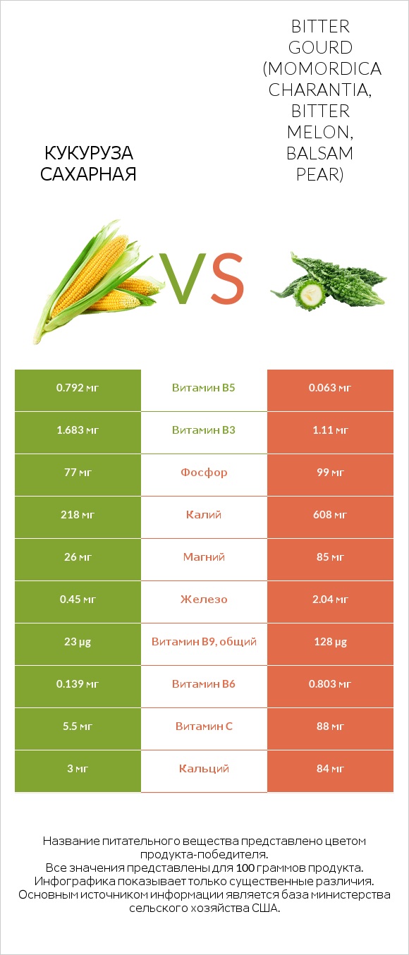 Кукуруза сахарная vs Bitter gourd (Momordica charantia, bitter melon, balsam pear) infographic