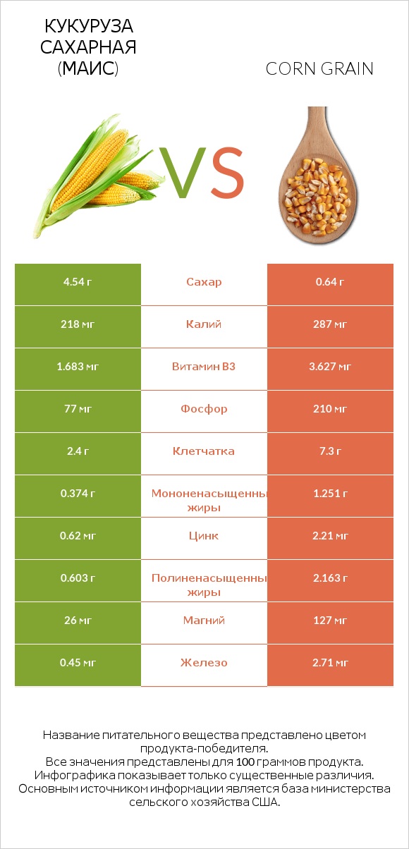 Кукуруза сахарная (маис) vs Corn grain infographic