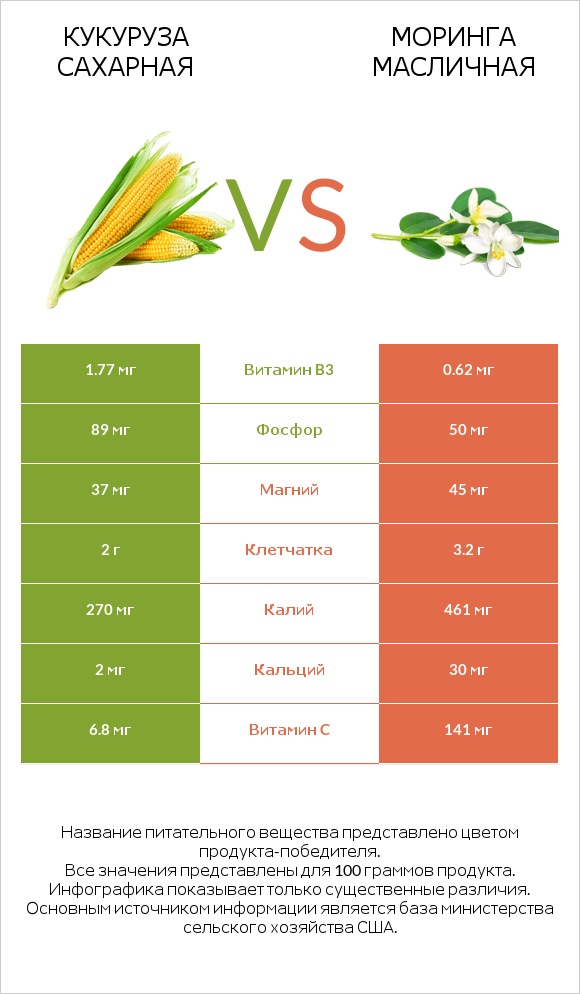 Кукуруза сахарная vs Моринга масличная infographic
