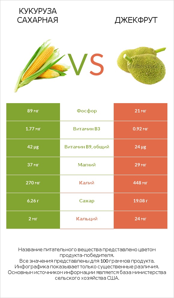 Кукуруза сахарная vs Джекфрут infographic