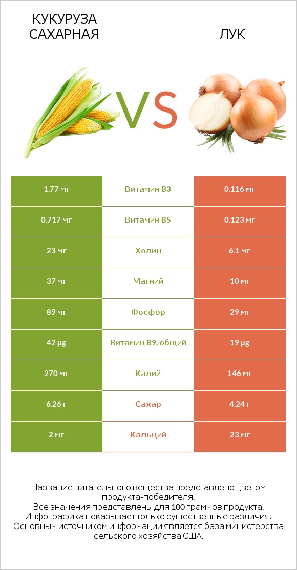 Кукуруза сахарная vs Лук infographic