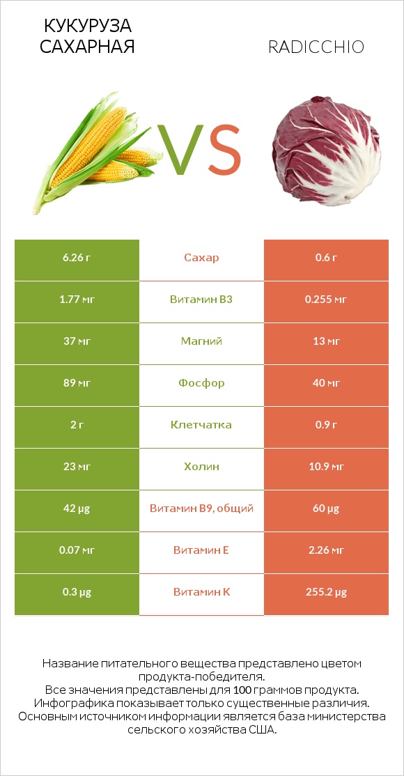 Кукуруза сахарная (маис) vs Радиккьо (итальянский цикорий) infographic