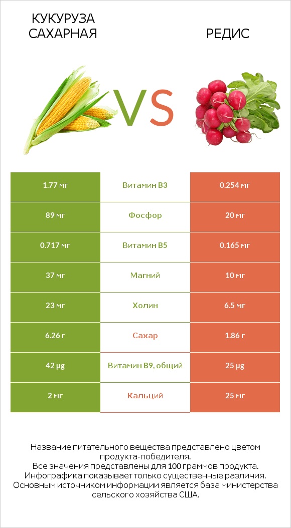 Кукуруза сахарная vs Редис infographic
