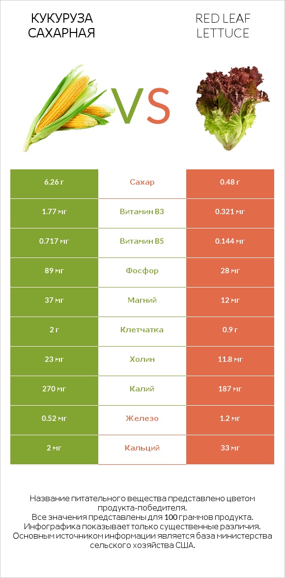 Кукуруза сахарная vs Red leaf lettuce infographic