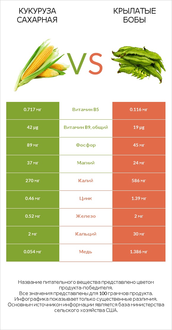 Кукуруза сахарная vs Крылатые бобы infographic