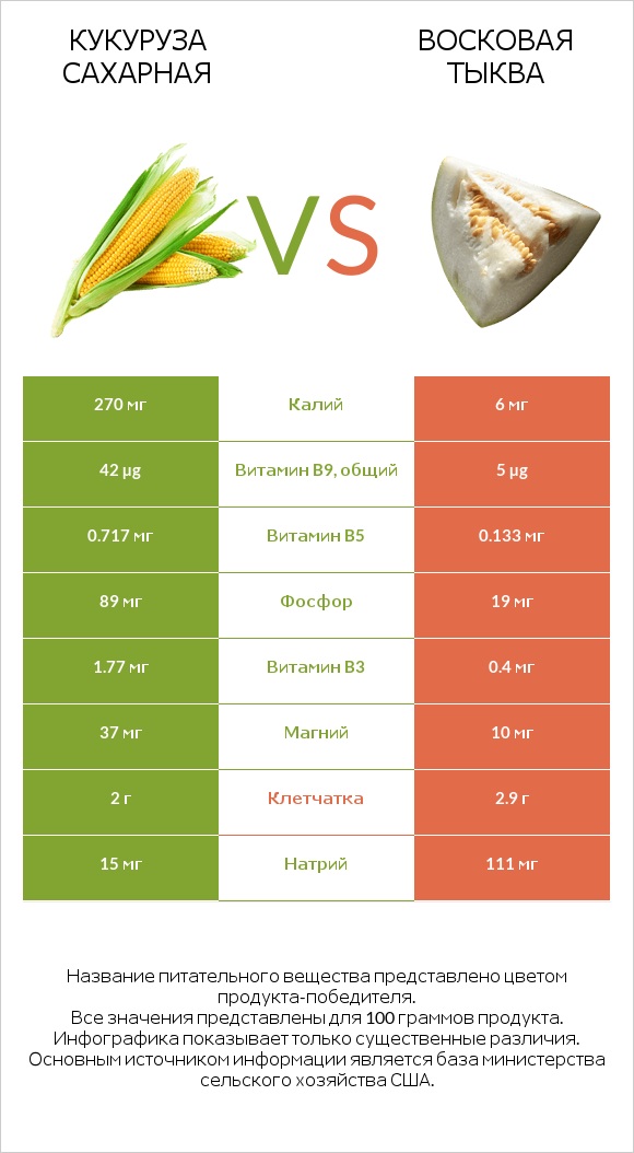 Кукуруза сахарная vs Восковая тыква infographic