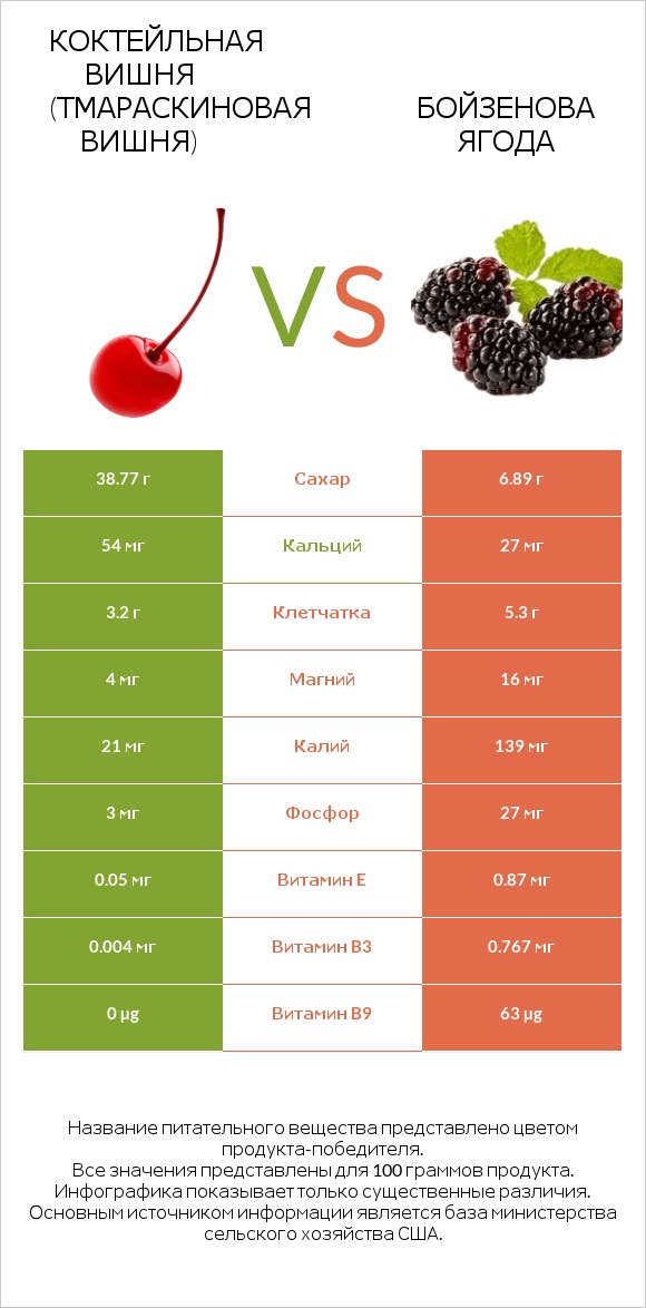 Коктейльная вишня (тмараскиновая вишня) vs Бойзенова ягода infographic