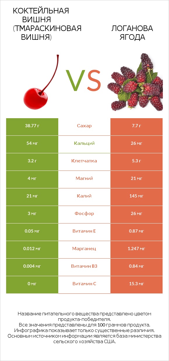 Коктейльная вишня (тмараскиновая вишня) vs Логанова ягода infographic