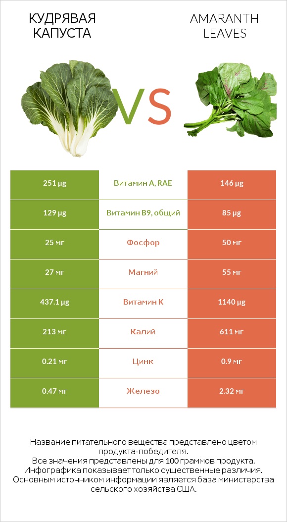 Кудрявая капуста vs Листья амаранта infographic