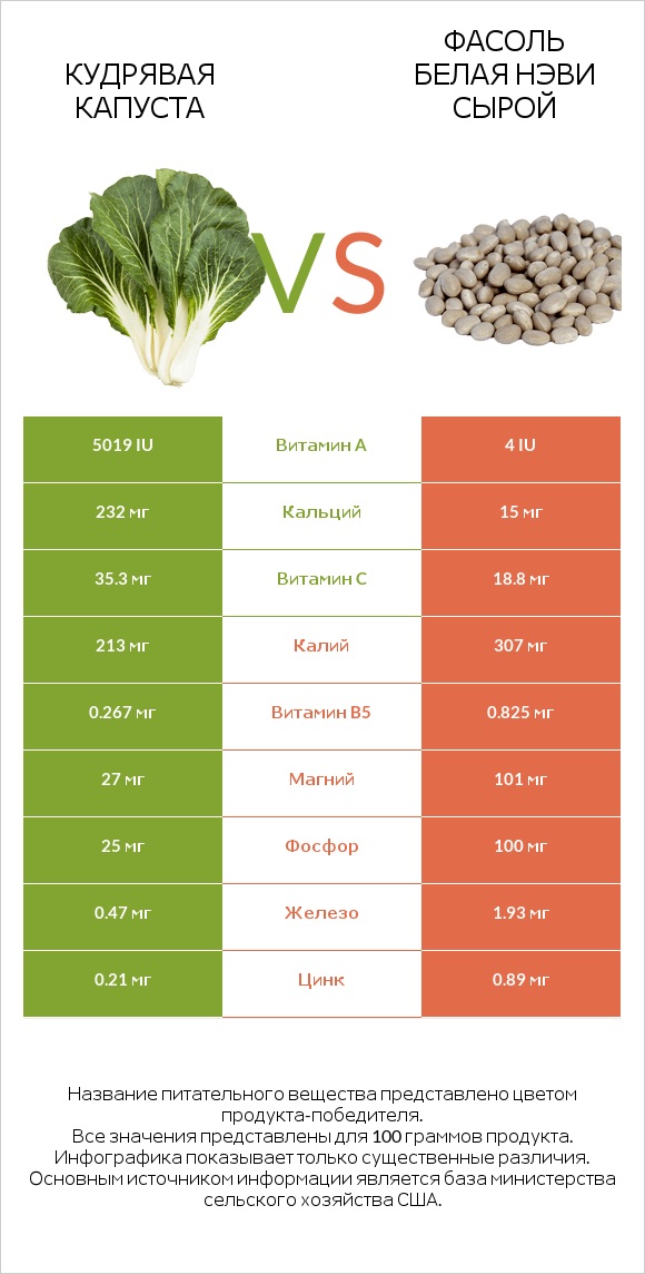 Кудрявая капуста vs Фасоль белая нэви сырой infographic
