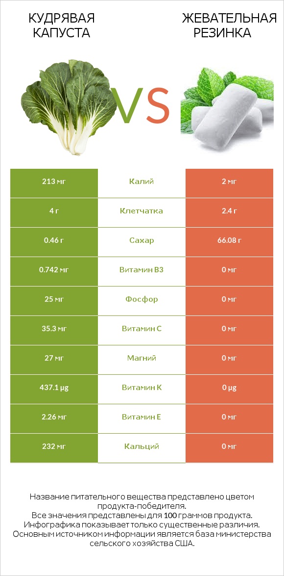 Кудрявая капуста vs Жевательная резинка infographic