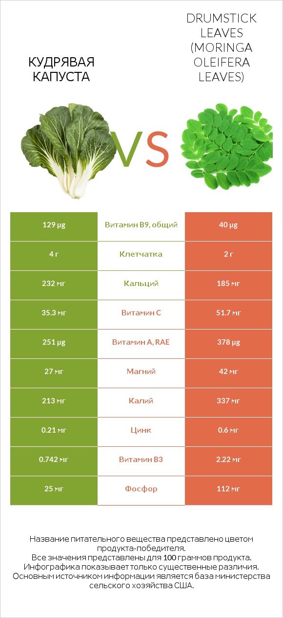 Кудрявая капуста vs Листья моринги infographic